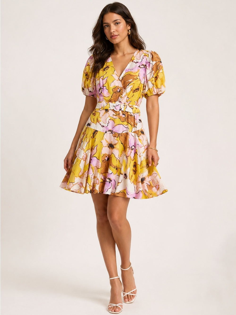 Nine West Floral Puff Sleeve Belted Dress | Size Medium
